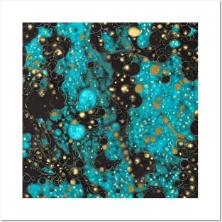 Abstract Design with Cells - Teal, Black and Gold Posters and Art